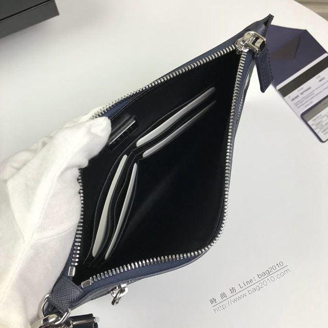prada手包 普拉達新款皮革手拿包 2NH005 PRADA十字紋牛皮黑+綠手拿包  pyd2244